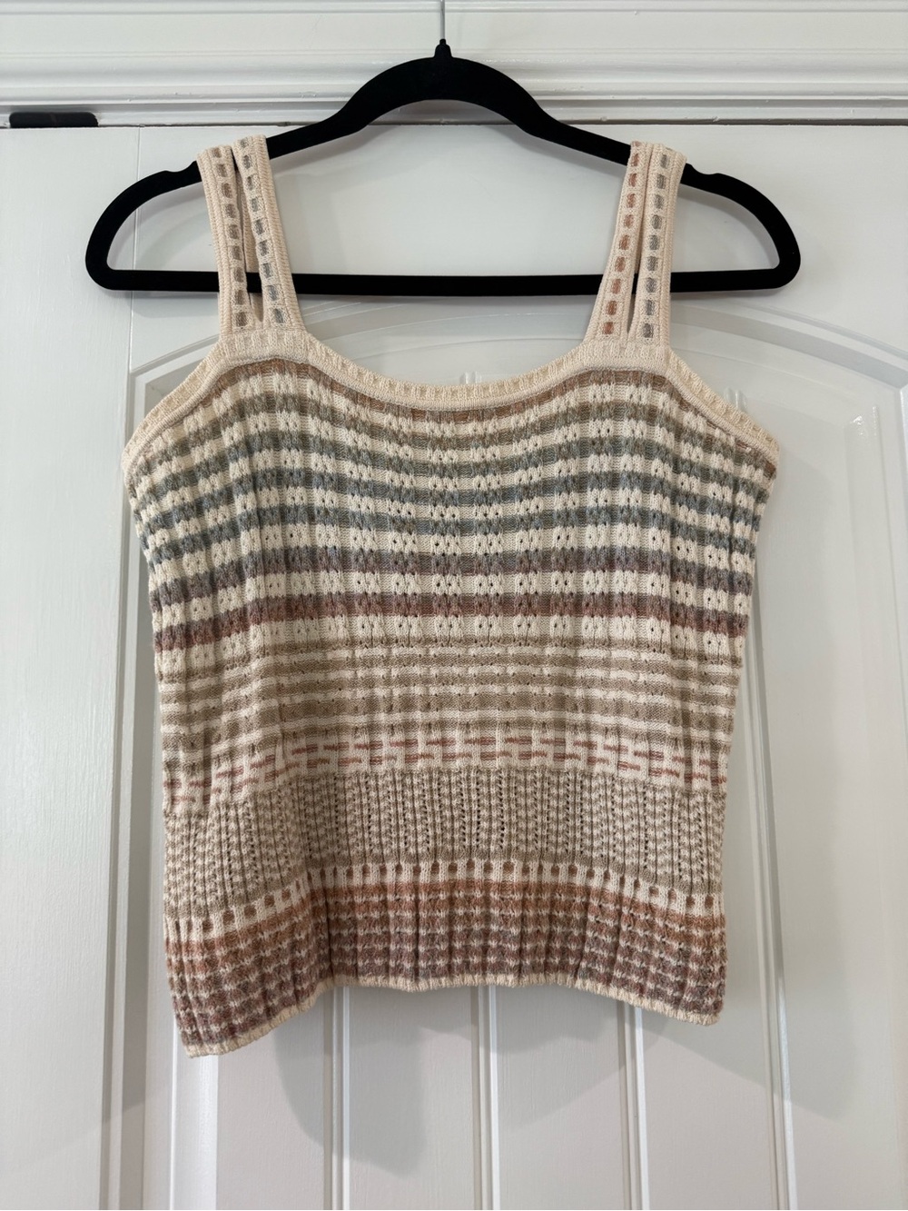 St. John Sport Striped Knit Tank Top in Cream with Brown and Green Accents